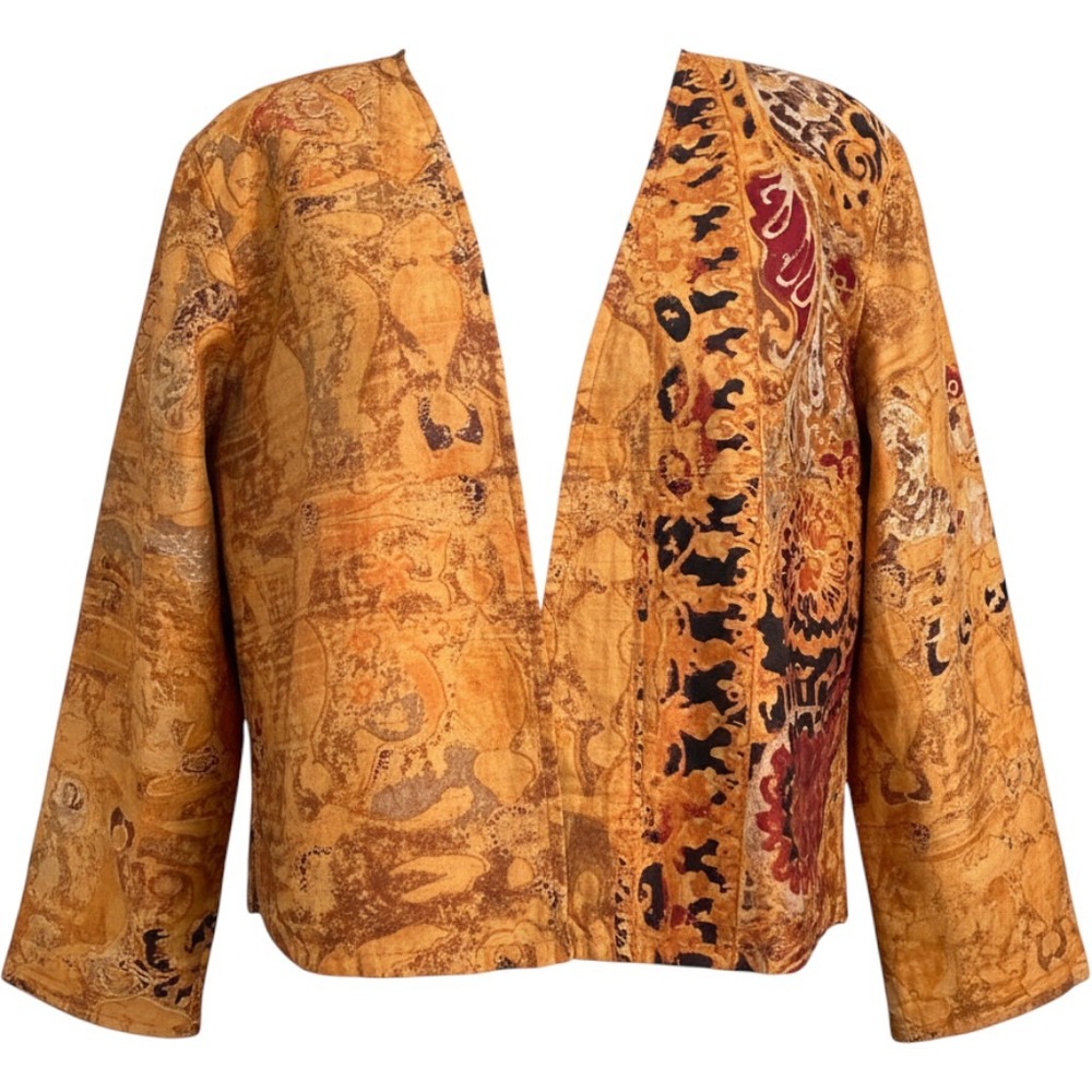 Chicos Open Front Jacket Golden Ochre Paisley Abstract Print Blazer Size 1 M L